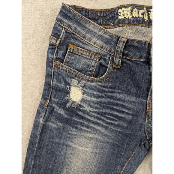 Machine Nouvelle Mode Jeans Womens SZ 30 Blue Destressed Whiskers Tapered Faded - Picture 2 of 16